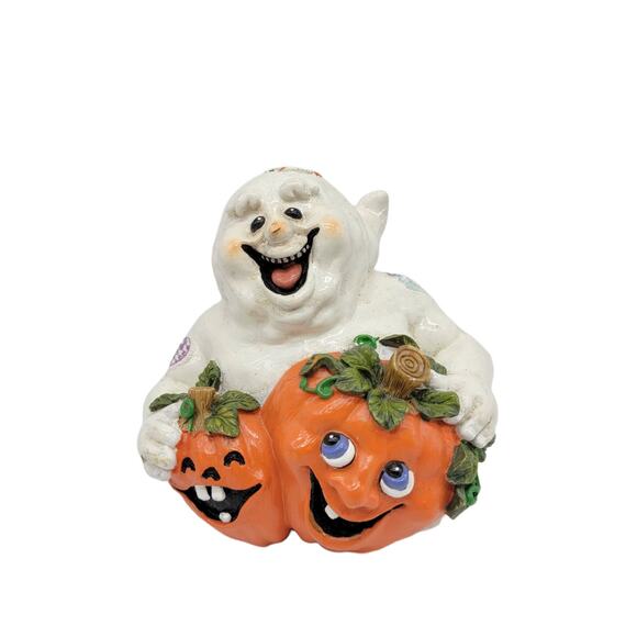 Vintage Resin Halloween Ceramic Happy Ghost Holding Pumpkins - Picture 1 of 7